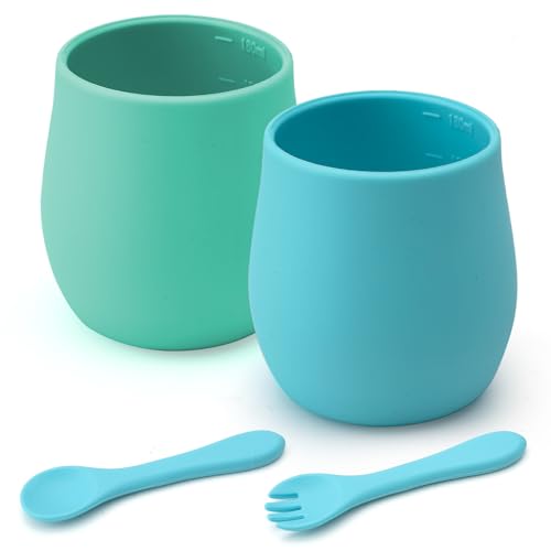 ZMDMAH 2er-Pack Trinklernbecher aus Silikon Kleinkinder winzige Trinkbecher Kleine Trainings Trinkflasche für 6-12 Babys und Kleinkinder mit Kapazitätsmarkierungen (Minze und Himmelblau) von ZMDMAH