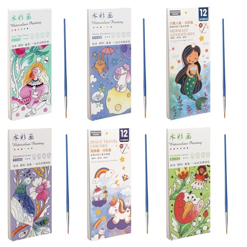 ZMDMAH 6 Stück Aquarell Malbuch Kinder, 72 Seiten Mini Malbuch, Mini Paint Pad, Aquarell Malbuch mit Wassertankpinsel, Wasserfarben Malbuch, Malbuch mit Wasserfarben, Mess Free Painting For Kids von ZMDMAH