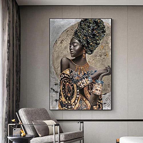 Afrikanische Schwarze Frau Leinwand Malerei Abstrakte Afrikanische Mädchen Poster und Drucke Gerahmte Wandkunst Bilder für Wohnzimmer 50x75cm (20x30in) Mit Rahmen von ZMFBHFBH