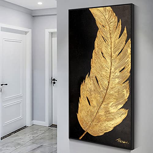 Goldene Silberfeder Einfache Wohnzimmer Übergroße Dekoration - Kreative Dekoration Malerei Wandkunst Bild Modern 85x170cm (34x68in) Mit Rahmen von ZMFBHFBH