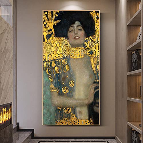 Gustav Klimt Gold Reproduktionen Bilder - Judith und der Kopf des Holofernes von Gustav Klimt Berühmte Kunstgemälde 75x150cm(30x59in) Mit Rahmen von ZMFBHFBH