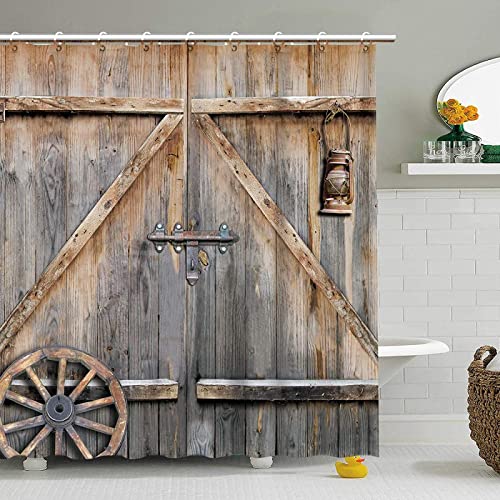 Ländliche Bauernhaustür Badvorhänge Rustikal Holz Scheunentor Dekor Duschvorhang für Badezimmer Western Country Thema Vintage 90x200cm(BxH) von ZMFBHFBH