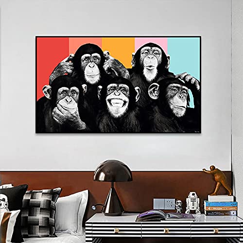 Leinwand Malerei Schwarz Weiß Fünf Affen Bunter Hintergrund Poster und Drucke Wandkunst Abstraktes Tierbild Dekor 70x120cm (28x43in) Mit Rahmen von ZMFBHFBH