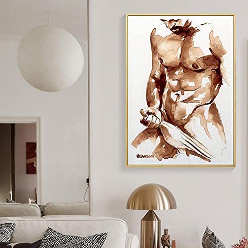 Moderne Leinwand Gemälde Wandkunst Abstrakt Braun Sexy Nackter Mann Poster und Drucke Bilder für Wohnzimmer Dekor 80x120cm (32x47in) Mit Rahmen von ZMFBHFBH