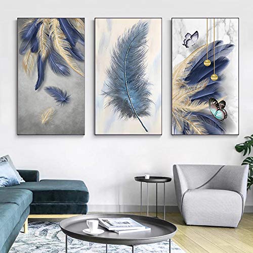 Nordic Poster Abstrakte Luxus Blaue Feder Leinwand Malerei Bild Druckt Wohnzimmer Wandbild Gerahmte Kunst Dekor 20x35cm (8x14in) x3 Mit Rahmen von ZMFBHFBH