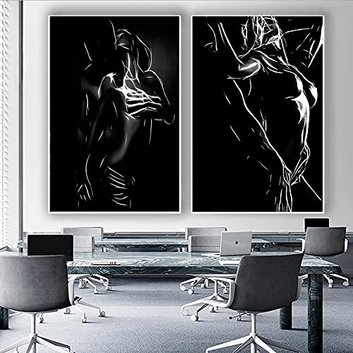 Schwarz Und Weiß Nude Paar Wohnkultur Leinwand Malerei Sexy Weiblichen Männlichen Körper Print Poster Kunst Wandbild Zimmer 20x30cm (8x12in) x2 Mit Rahmen von ZMFBHFBH