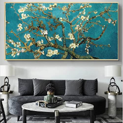 Van Gogh Blumen Kunst gerahmte Bilder für Wohnzimmer – Mandelblüte Wanddekoration Leinwand Gemälde 80x163cm(31x64in) mit Rahmen von ZMFBHFBH