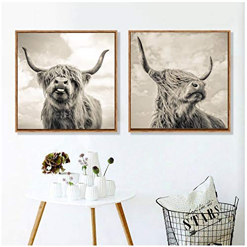 ZMFBHFBH Bild gedruckt auf Leinwand Highland Cow Animal Art Poster Leinwand Malerei Wandbilder für Wohnzimmer 40x40cm (15,7x15,7 Zoll) Kein Rahmen von ZMFBHFBH