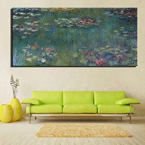 ZMFBHFBH Claude Monet Water Lotus Kunstdruck auf Leinwand, gerahmt, Familie, Übergröße, Wanddekoration, 85 x 170 cm (33 x 67 Zoll) mit Rahmen von ZMFBHFBH