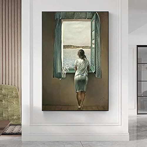 ZMFBHFBH Salvador Dali Die Frau am Fenster Leinwand Malerei Wandkunst Poster und Druck Kunstwerk Bilder für Wohnzimmer Wanddekor 90x130cm (35x51in) Mit Rahmen von ZMFBHFBH