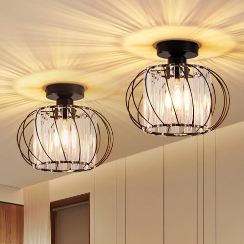 ZMH 2ER Deckenlampe Flur Deckenlecuhte Vintage : Flurlampe Kristall E27 mit Metall Rahmen Küchenlampe Schwarz Modern Design Deckenbeleuchtung für Flur Balkon Wohnzimmer Hotel (Ohne Leuchtmittel) von ZMH