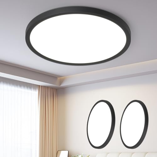 ZMH 2ER Deckenlampe LED Deckenleuchte Badezimmer - Ø30cm Badezimmerlampe Dimmbar Schwarz Rhombenplatte Badlampe Flach Rund Flurlampe 24W Küchenlampe Schlafzimmerlampe für Küche Flur Bad Schlafzimmer von ZMH