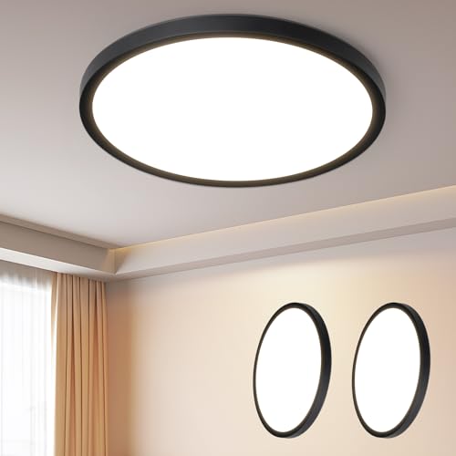 ZMH 2ER Deckenlampe LED Deckenleuchte Badezimmer - Ø30cm Badezimmerlampe Flach Schwarz Rhombenplatte Badlampe Rund Schlafzimmer Küchenlampe 24W Warmweiß Flurlampe Deckenbeleuchtung für Küche Flur Bad von ZMH