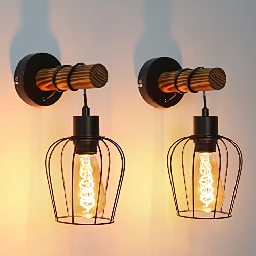 ZMH 2ER Retro Wandleuchte Holz Innen Wandlampe 1 flammige Vintage Lampe im Industrial Design mit Schalter aus Metall und Holz - in Gitter-Optik - Schwarz - Fassung: E27 - ohne Leuchtmittel von ZMH