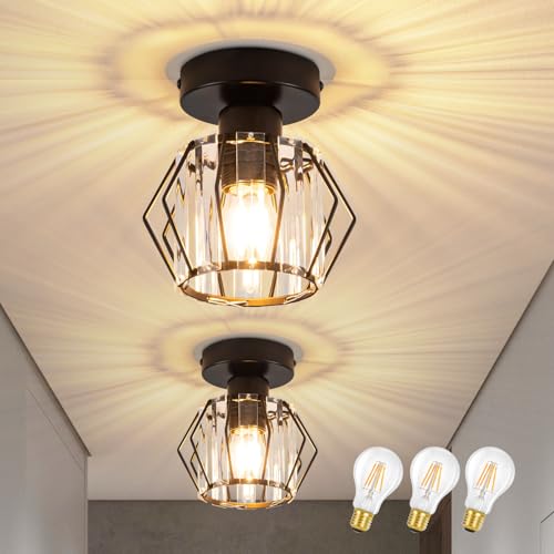 ZMH 2er Deckenlampe LED Flur Deckenleuchte: Schwarz Flurlampe E27 Vintage Küchenlampe Metall Rahmen Kristall Innen Deckenbeleuchtung für Flur Küche Balkon Wohnzimmer Hotel, 3 x A60 Glühbirne inkl. von ZMH