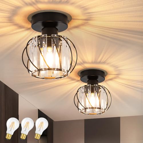 ZMH 2er LED Deckenlampe Schwarz Deckenleuchte: Modern Flurlampe E27 Küchenlampe Metall Rahmen Kristall Innen Deckenbeleuchtung für Flur Küche Balkon Wohnzimmer Schlafzimmer, 3 x A60 Glühbirne inkl. von ZMH