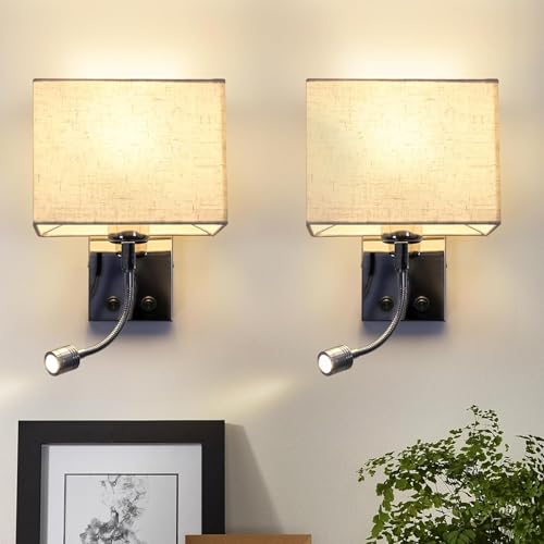 ZMH Wandleuchte Innen Wandlampe Schlafzimmer -2ER Wandstrahler LED Leselampe 360°Schwenkbar Quadratisches Stoffschirm Design Wandbeleuchtung mit Schalter E27 Modern Beleuchtung für Flur Bett von ZMH