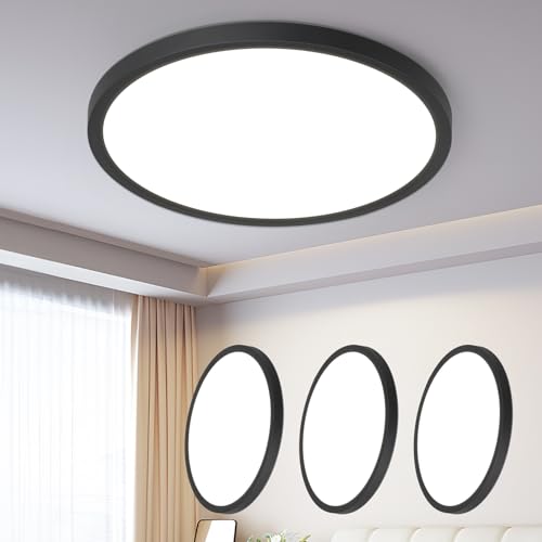 ZMH 3ER Deckenlampe LED Deckenleuchte Badezimmer - Ø30cm Badezimmerlampe Dimmbar Schwarz Rhombenplatte Badlampe Flach Rund Flurlampe 24W Küchenlampe Schlafzimmerlampe für Küche Flur Bad Schlafzimmer von ZMH