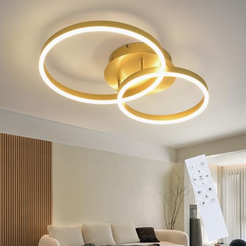 ZMH Deckenlampe LED Deckenleuchte Wohnzimmer - Wohnzimmerlampe Modern Design Dimmbar 59CM Schlafzimmerlampe mit Fernbedienung Gold 2 Ring aus Acryl 46W Deckenbeleuchtung für Schlafzimmer Küche von ZMH
