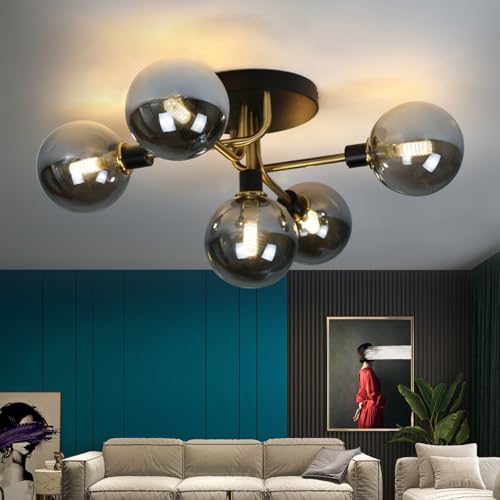 ZMH Deckenlampe Wohnizimmer Deckenleuchte Glaskugel - Wohnzimmerlampe Vintage Rauchgrau Glas 5 Flammig Kronleuchter G9 Retro mit Metall Rahmen Schalfzimmerlampe für Küche (ohne Leuchtmittel) von ZMH