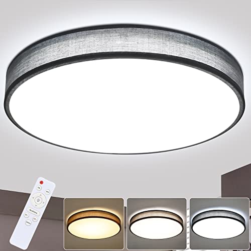 ZMH Deckenleuchte LED Deckenlampe Schlafzimmer - 38CM Rund Modern Stoff Wohnzimmerlampe Dimmbar mit Fernbedienung 38W Grau Schlafzimmerlampe mit Stoffschirm Flurlampe für Wohnzimmer Flur von ZMH