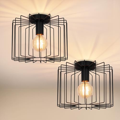 ZMH Deckenleuchte Vintage Deckenlampe Schwarz: 2er Retro Metall Flurlampe Käfig E27 Wohnzimmerlampe Ø27CM Industrial Innen Deckenbeleuchtung Kronleuchter für Flur Küche Schlafzimmer Balkon Eingang von ZMH