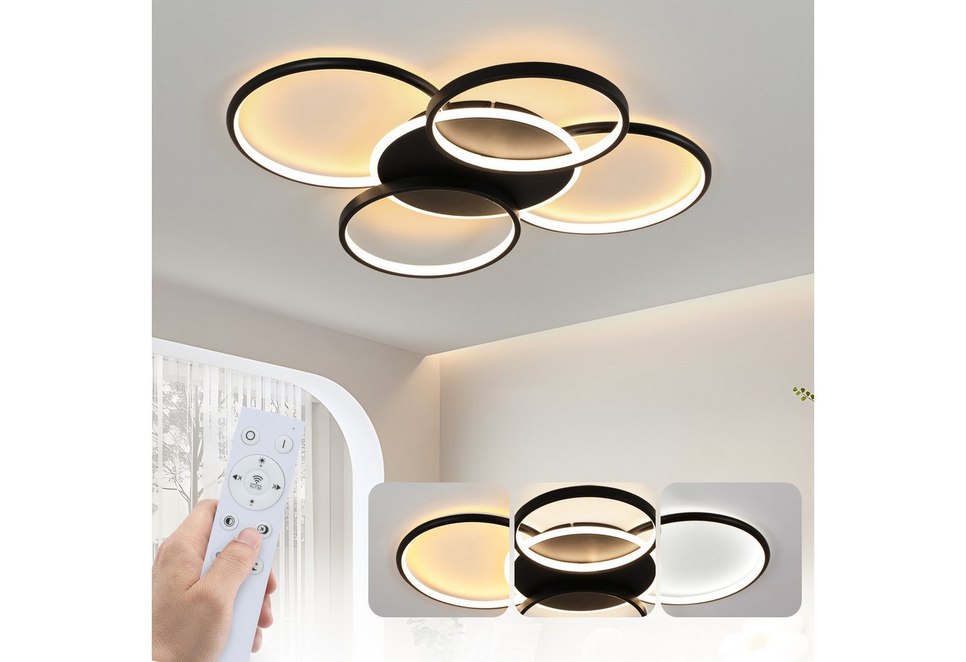 ZMH Deckenleuchte Wohnzimmer Modern 4/5 Flammig Ringoptik Design 37/70W Schlafzimmer, Augenschutz, Einfache Installtion, LED fest integriert, 3000-6500K, 67cm Modern Dimmbar Bürolampe mit Fernbedienung für Flur Hotel von ZMH