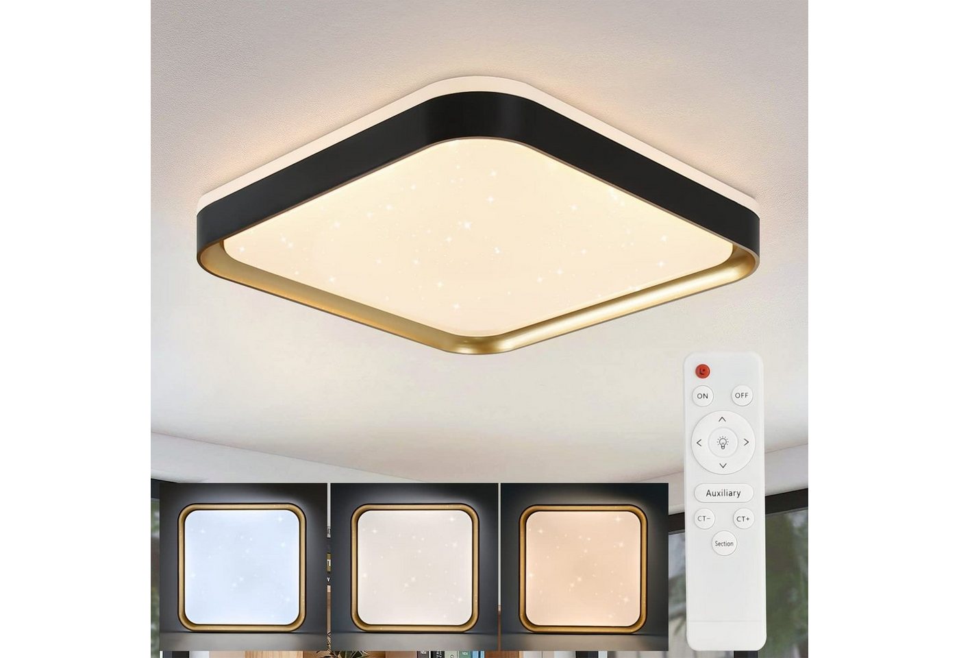 ZMH Deckenleuchten Eckige Sternenhimmel-Design 30cm CCT mit Fernbedienung 32W, dimmbar, LED fest integriert, warmweiß-kaltweiß, Schwarzgold von ZMH