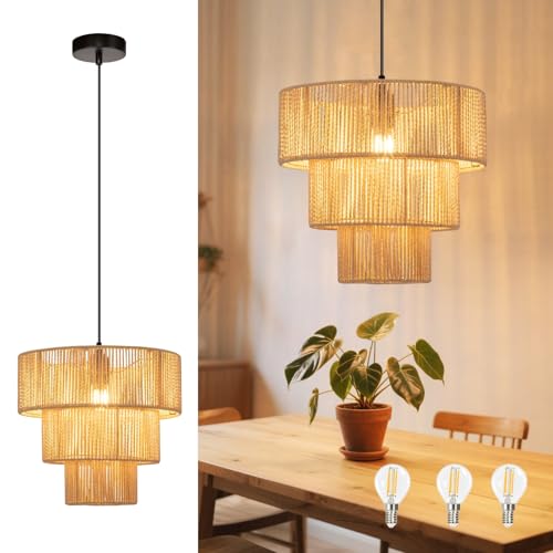 ZMH Hängelampe Esstisch LED Pendelleuchte: Rattan Boho Hängeleuchte Schlafzimmer Ø35cm Esstischlampe Hängend Küchenlampe Wohnzimmer E27 Pendellampe für Küche Bar Resturant, 3x Glühbirne inklusive von ZMH