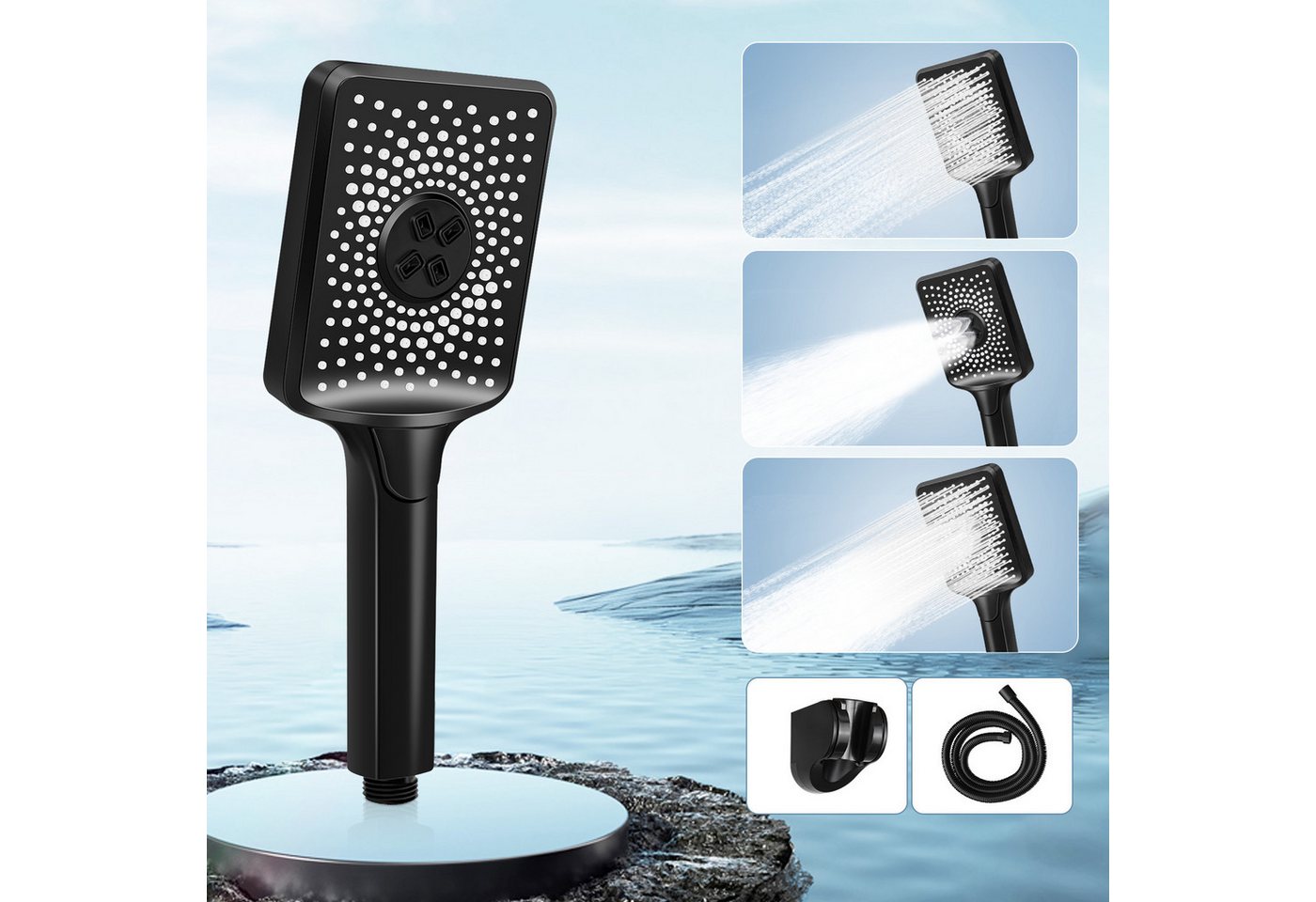 ZMH Handbrause mit 1,5M Schlauch Schwarz/Nickel Quradratische wassersparend Bad, (Set, 3-tlg., Handbrause &1,5 m Schlauch &Halterung &Passendes Schraubenset), mit 3 Strahlenden Handbrause Großdruck mit Taste zur Einstellung von ZMH