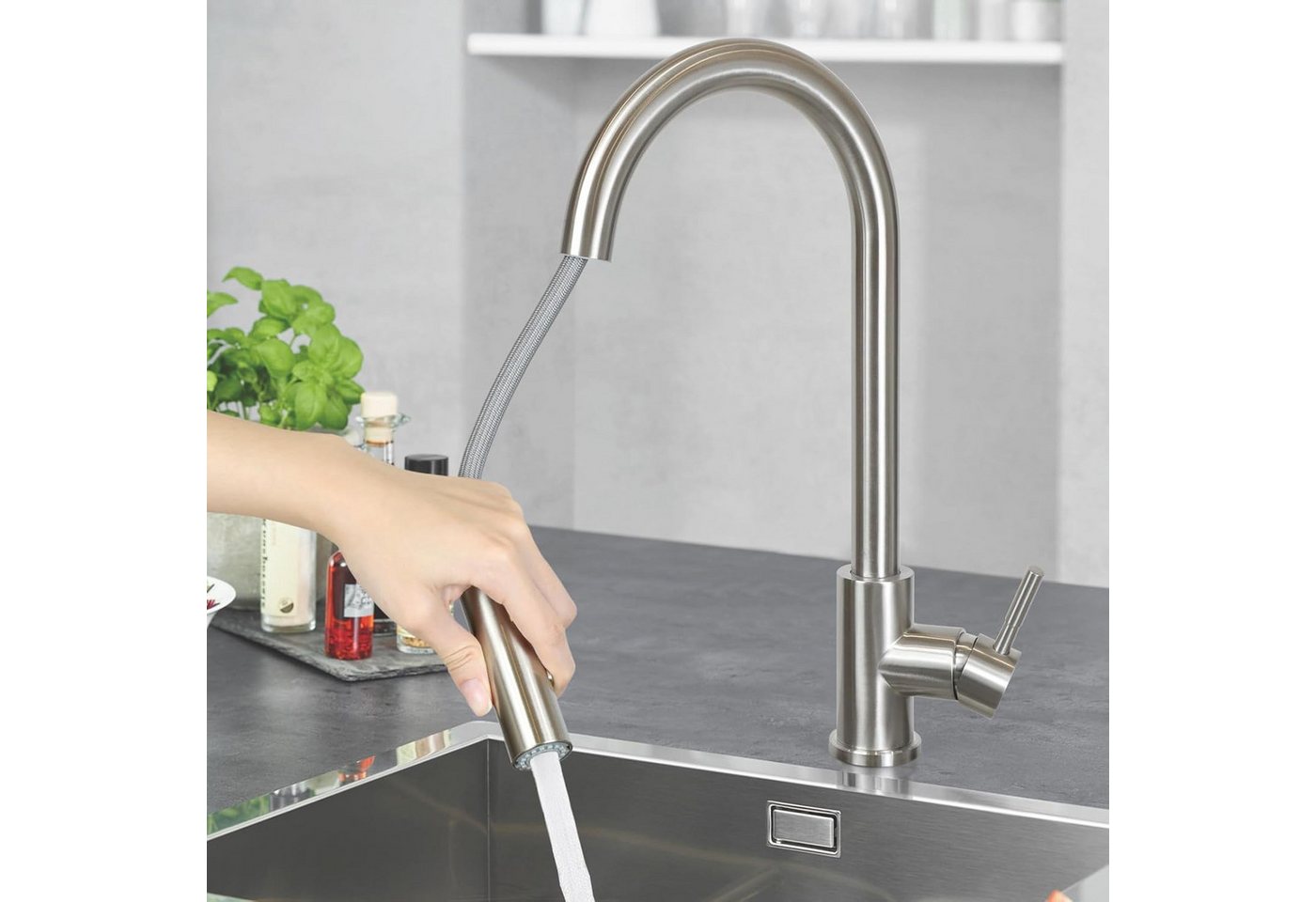 ZMH Küchenarmatur Schwarz/Nickel Brause Edelstahl 360° Drehbar Ausziehbar 2 Strahlarten (1-St) Badzimmer Mischbatterie Spüle von ZMH