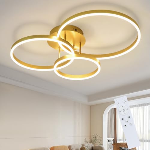 ZMH LED Deckenlampe Deckenleuchte Wohnzimmer - Wohnzimmerlampe Dimmbar 82CM Modern Design Gold 74W Schlafzimmerlampe mit Fernbedienung 3 Ring aus Acryl Deckenbeleuchtung für Schlafzimmer Küche von ZMH