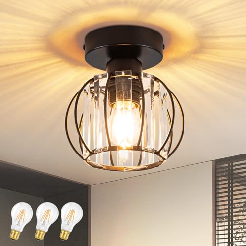 ZMH LED Deckenlampe Kristall Deckenleuchte: Flurlampe Decke E27 Schwarz Vintage Küchenlampe Metall Retro Innen Deckenbeleuchtung für Flur Küche Balkon Wohnzimmer Schlafzimmer, 3 x A60 Glühbirne inkl. von ZMH
