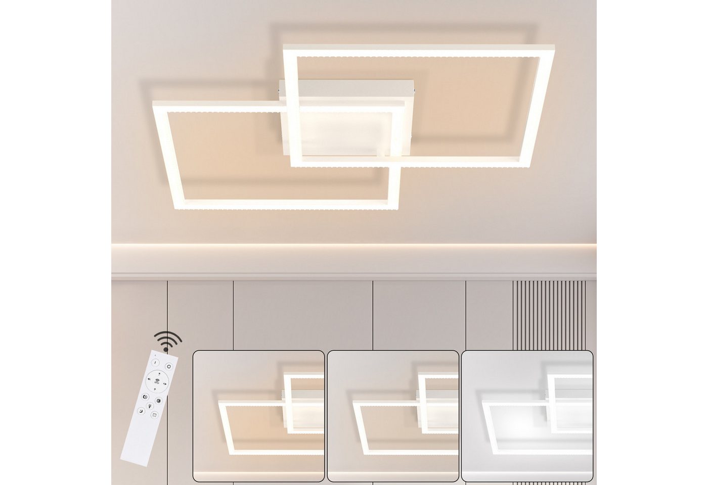 ZMH LED Deckenleuchte 2 Modern Quadratisch Kristall Design Dimmbar mit Fernbedienung 52W, LED fest integriert, warmweiß-kaltweiß, Weiß ZMH LED Deckenleuchte 2 Modern Quadratisch Kristall Design Dimmbar mit Fernbedienung 52W, LED fest integriert, warmweiß-kaltweiß, Weiß von ZMH