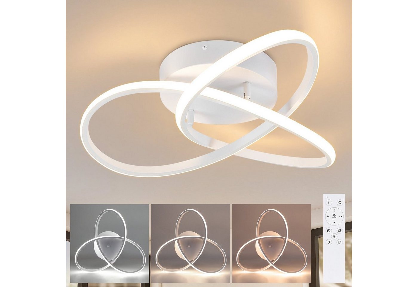 ZMH LED Deckenleuchte 3 Blatten verflochten modern Design für Schlafzimmer, LED fest integriert, 3000-6000k, ‎Dimmbar, Mit Fernbedienung von ZMH