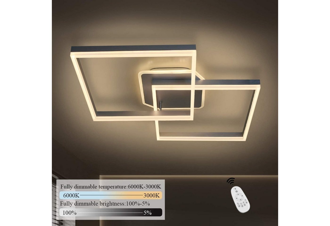 ZMH LED Deckenleuchte dimmbar Fernbedienung Quadratisch Esszimmer Wohnzimmer, LED fest integriert von ZMH