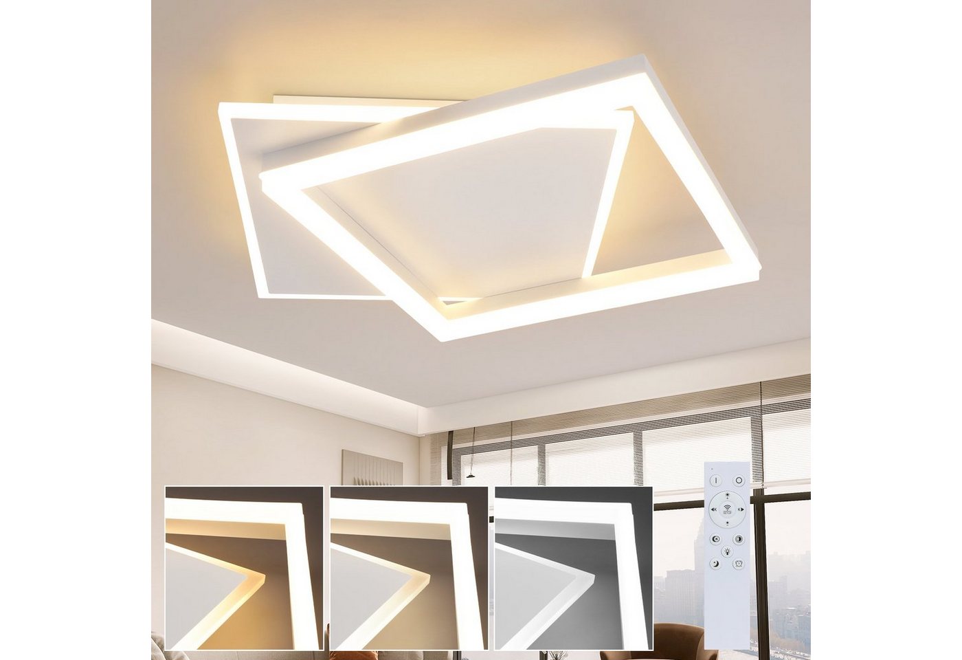 ZMH LED Deckenleuchte Deckenlampe Wohnzimmer - Schlafzimmerlampe Schwarz 42W, LED fest integriert, Mit Fernbedienung Modern Decke Eckig Acryl, Weiß von ZMH