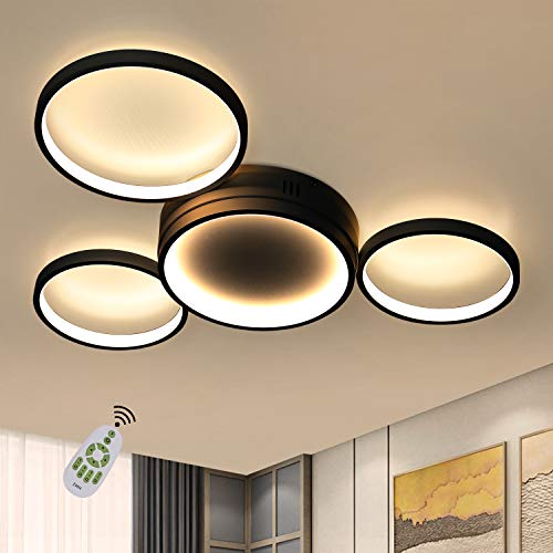 ZMH LED Deckenleuchte Deckenlampe Wohnzimmer - Schwarz Schlafzimmerlampe mit Fernbedienung Dimmbar 52W Modern Wohnzimmerlampe mit 4 Metall Ringe Design für Schlafzimmer Kinderzimmer Esszimmer Büro von ZMH