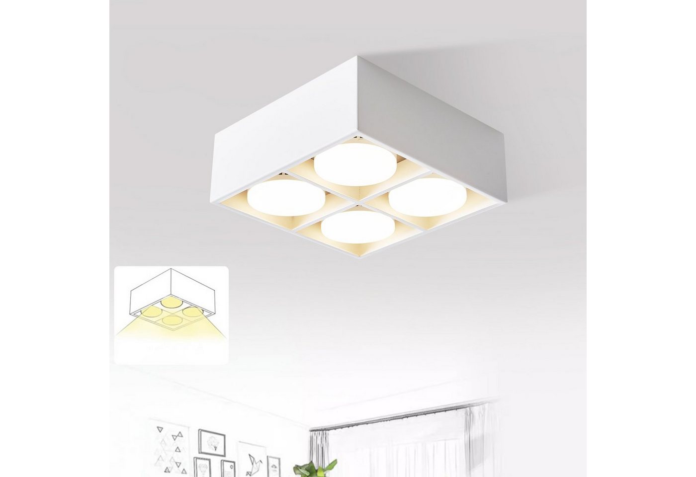 ZMH LED Deckenstrahler Deckenleuchte Aufputz mit 4 Flammig Schwenkbar Aufbaustrahler, LED fest integriert, 3000k, 20W für Wohnzimmer Esszimmer Büro Küche Flur, Weiß von ZMH