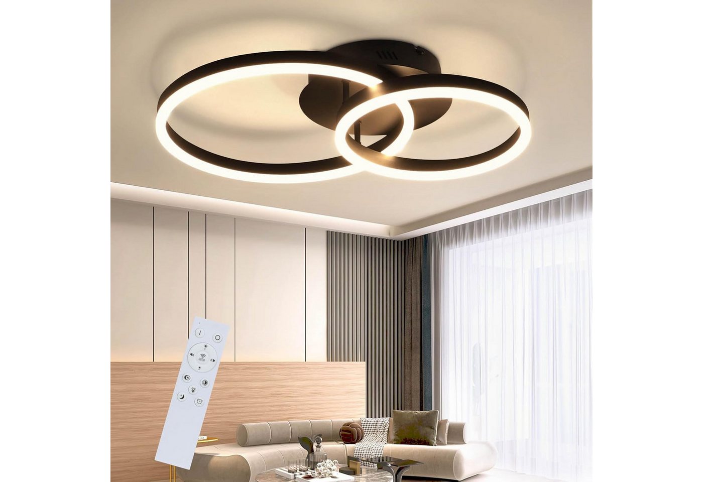 ZMH LED Deckenleuchte Dimmbar Ringe Modern Schwarz 61W mit Fernbedienung, LED fest integriert ZMH LED Deckenleuchte Dimmbar Ringe Modern Schwarz 61W mit Fernbedienung, LED fest integriert von ZMH