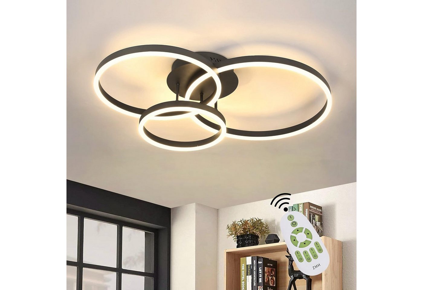 ZMH LED Deckenleuchte Dimmbar Ringe Modern Schwarz 61W mit Fernbedienung, LED fest integriert ZMH LED Deckenleuchte Dimmbar Ringe Modern Schwarz 61W mit Fernbedienung, LED fest integriert von ZMH