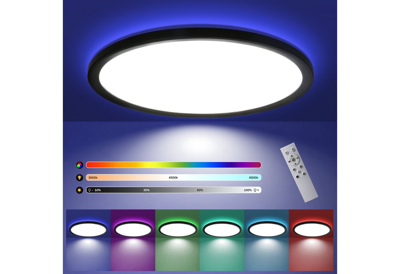 ZMH LED Deckenleuchte IP44 RGB Hintergrundleuchtung 28W Dünn Flach mit Fernbedienung, Dimmbar, LED fest integriert, warmweiß-kaltweiß, Rund von ZMH