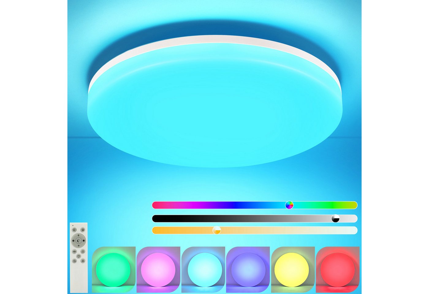 ZMH LED Deckenleuchte IP44 Wasserdicht Rund Schlafzimmerlampe (nicht dimmbar) 30W, LED fest integriert, Ø28CM Schlafzimmerlamp, RGB Farbwechsel, für Küche Flur Bad von ZMH