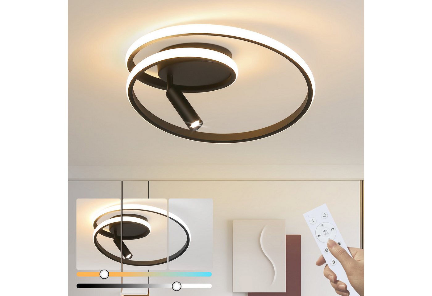 ZMH LED Deckenleuchte LED Deckenleuchte 40cm Schwarz/ Weiß Dimmbar 37W Deckenspot, LED fest integriert, LED dimmbar 37w Deckenlampe mit Spot von ZMH