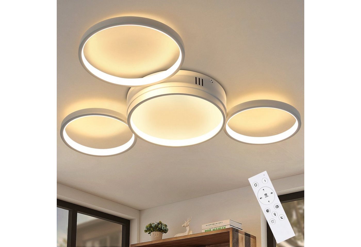 ZMH LED Deckenleuchte Modern 4 Flammig Ring Fernbedienung Schlafzimmer, LED fest integriert, Dimmbar, Weiß von ZMH