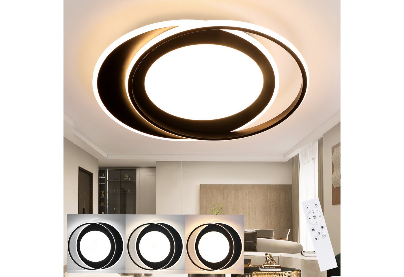 ZMH LED Deckenleuchte Modern Doppelter Ring Desgin Acryl-Lampe mit Fernbedienung, LED fest integriert, warmweiß-kaltweiß, Schwarz, 66W von ZMH