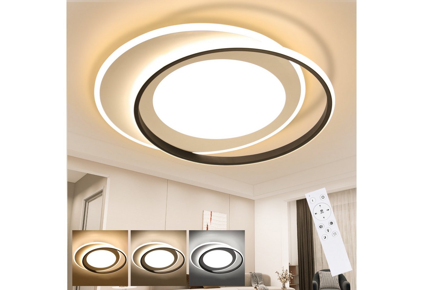 ZMH LED Deckenleuchte Modern Doppelter Ring Desgin Acryl-Lampe mit Fernbedienung, LED fest integriert, warmweiß-kaltweiß, Schwarz-Weiß, 66W von ZMH
