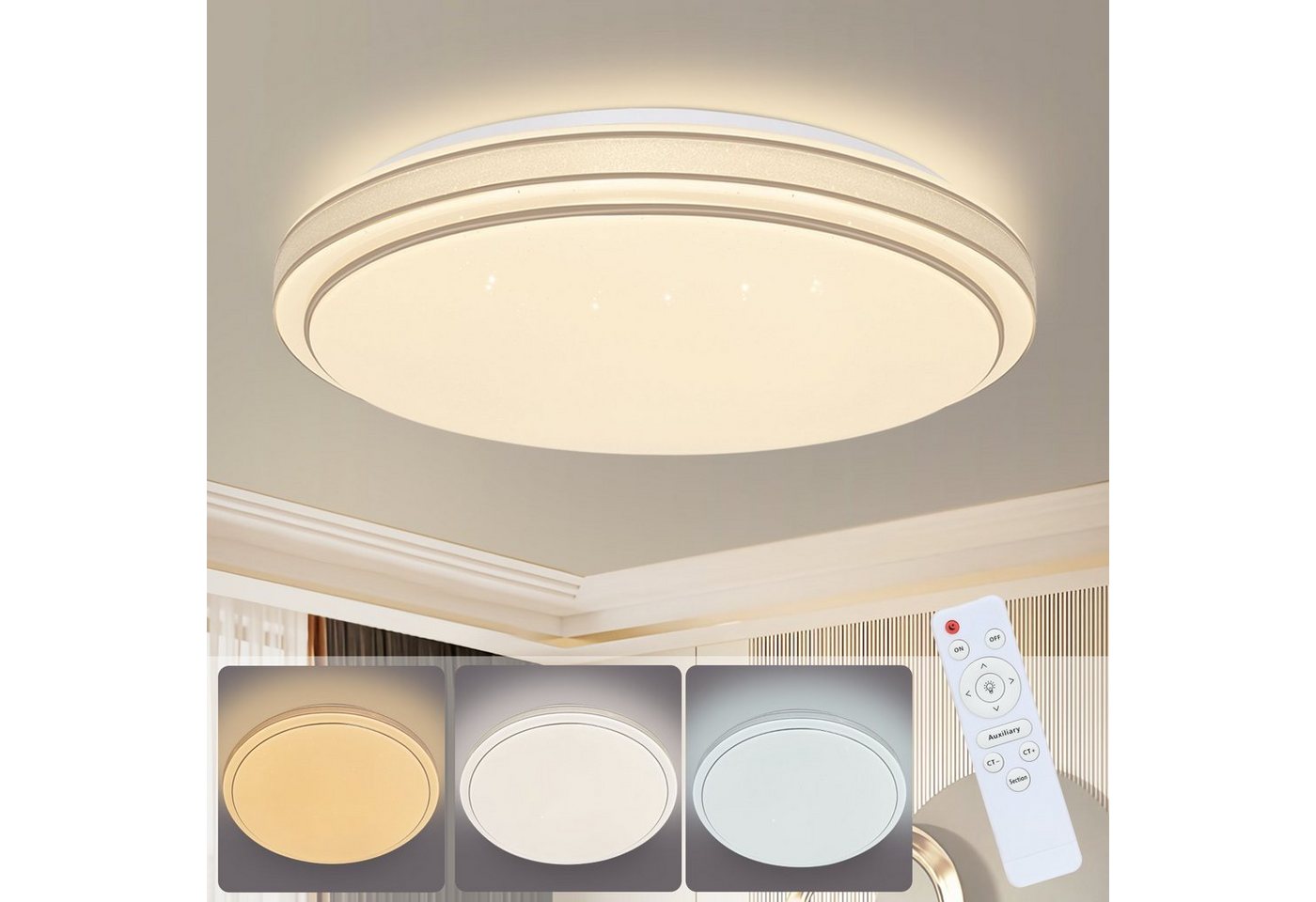 ZMH LED Deckenleuchte Schlafzimmerlampe Sternenhimmel Modern Rund für Wohnzimmer, LED fest integriert, ∅27cm, Flimmerfrei, ‎Weiß von ZMH