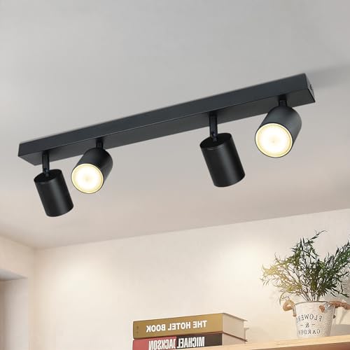 ZMH LED Deckenleuchte Schwarz Deckenstrahler: GU10 Deckenlampe Spots 4 Flammig 350°Schwenkbar Deckenspots Modern Flurlampe Industrial Wandstrahler für Wohnzimmer Schlafzimmer Küche Ohne Leuchtmittel von ZMH