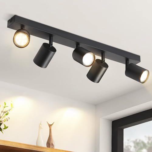 ZMH LED Deckenleuchte Schwarz Deckenstrahler: GU10 Deckenlampe Spots 5 Flammig 330°Schwenkbar Deckenspots Modern Flurlampe Industrial Wandstrahler für Wohnzimmer Schlafzimmer Küche Ohne Leuchtmittel von ZMH